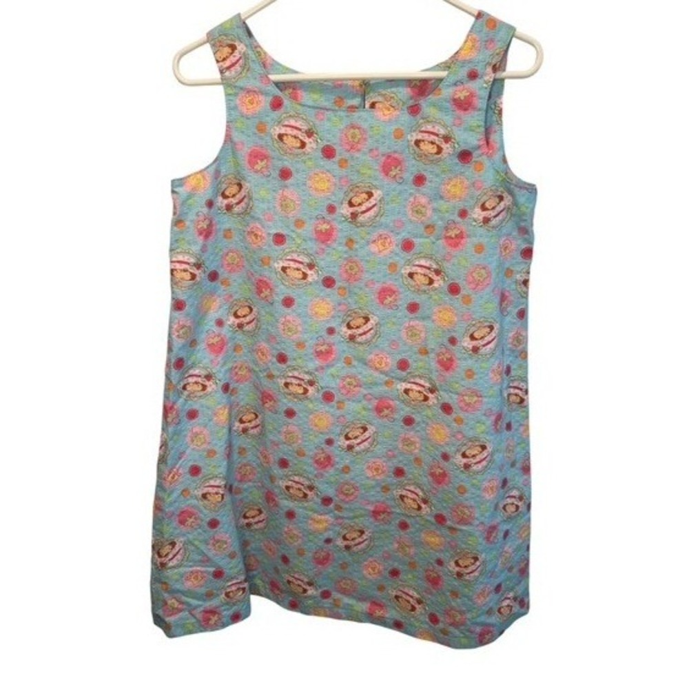 VTG Homemade Womens Blue Strawberry Shortcake Seersucker Shift Dress Medium